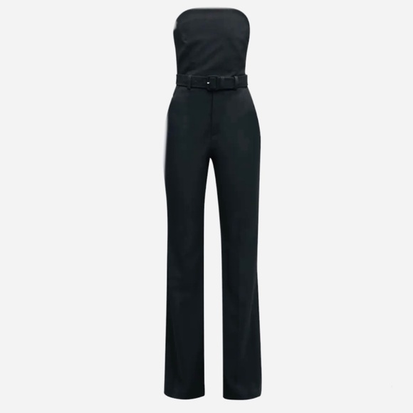 ALC Strapless Apron Front Black Tailored Belted Widish Leg Jumpsuit - Picture 3 of 16